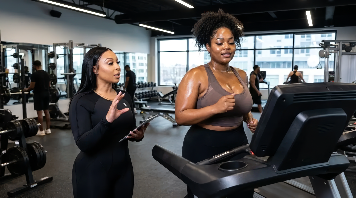Brandie Nichols coaching a client beside a treadmill on the gym floor